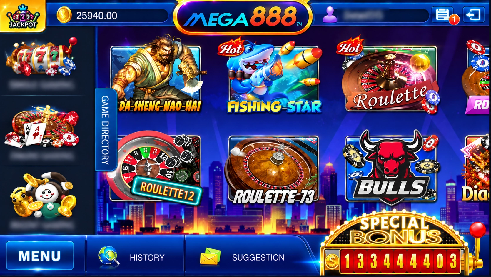 Kategori permainan Mega888 di sidebar kiri lobi