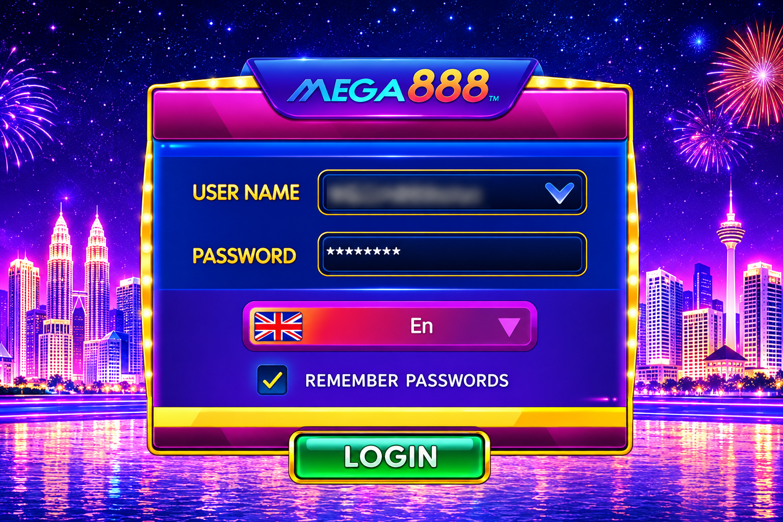 Skrin login Mega888 — masukkan ID dan kata laluan